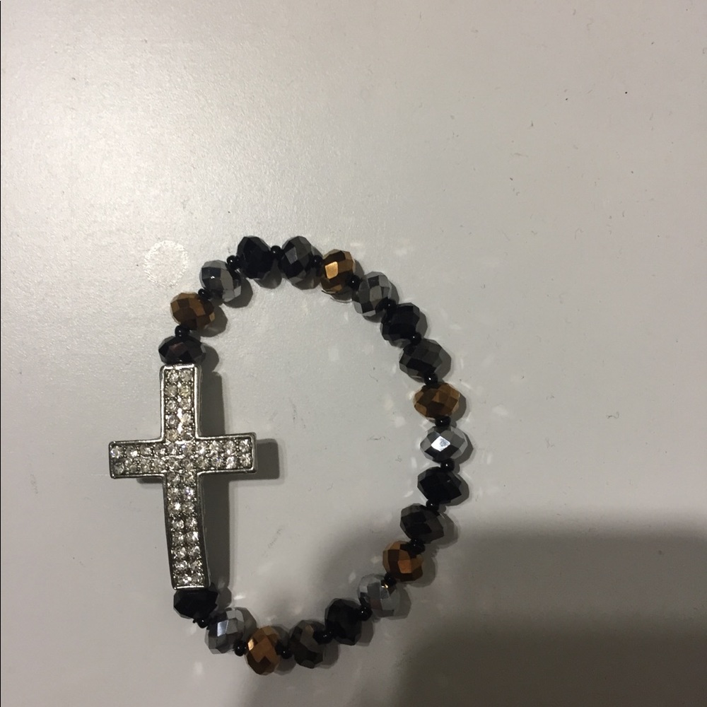 Black/bronze/pewter elastic cross bracelet
